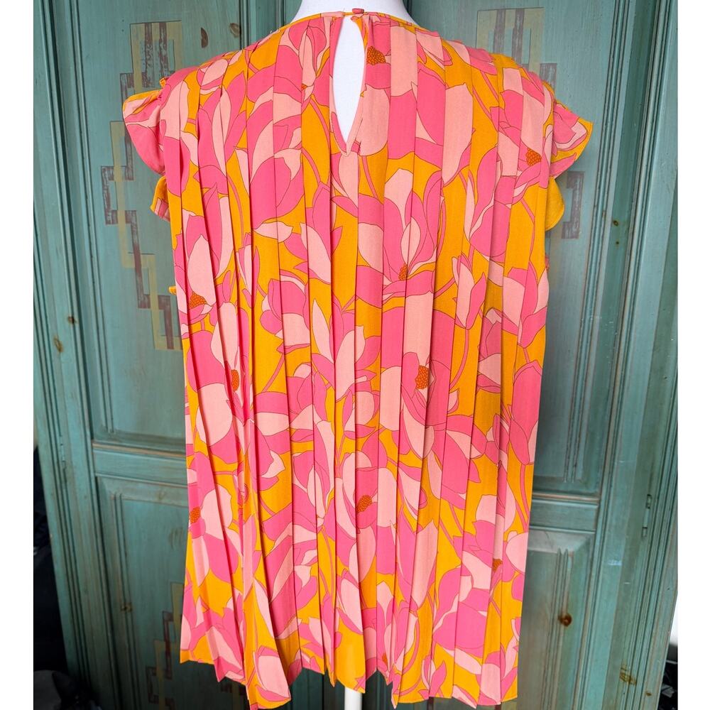 DR2 Pink Orange Floral Pleated Ruffle Sleeve Tunic Blouse XL Retro Resort - Picture 3 of 8